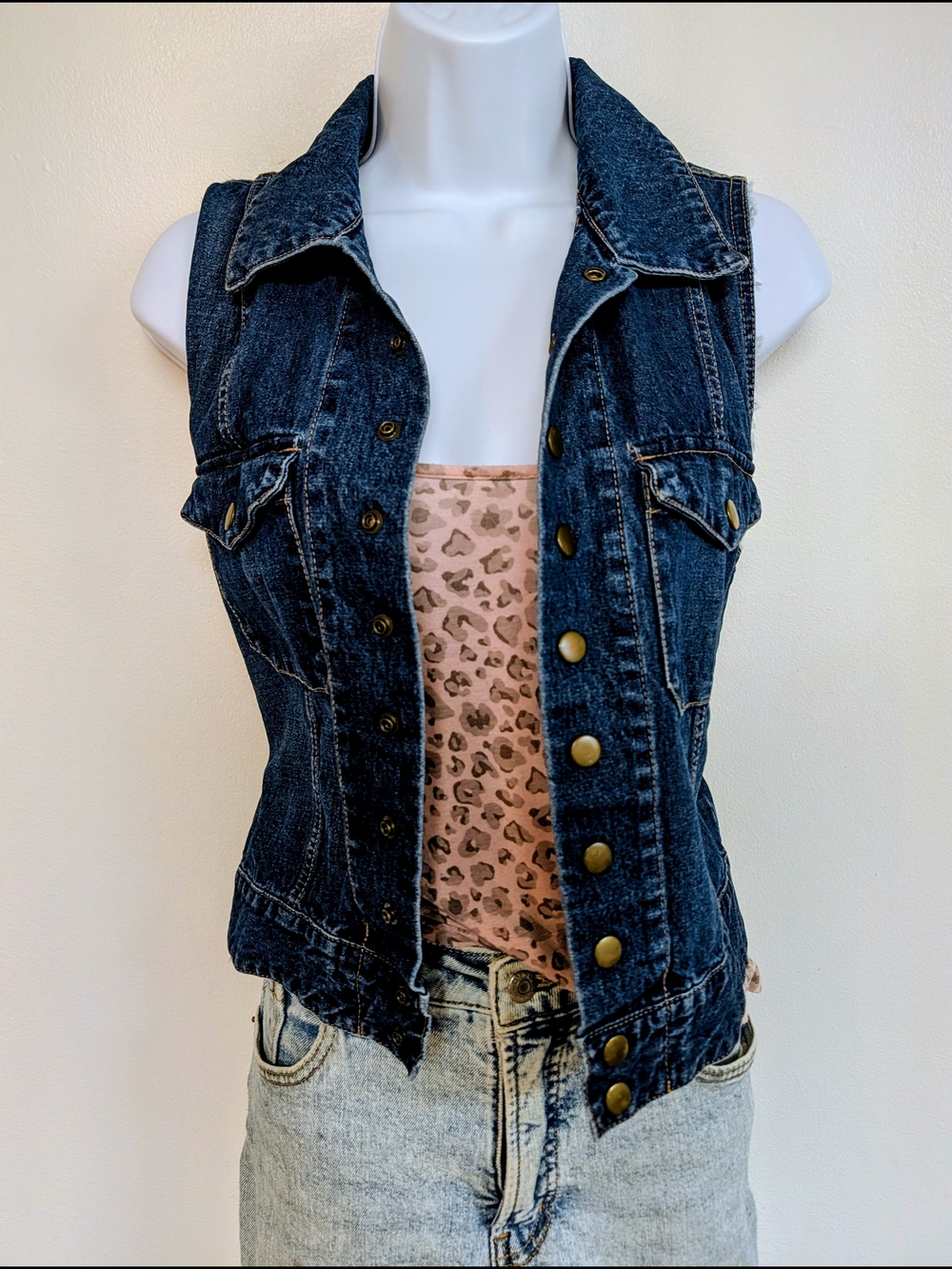 NY Collection Dark Blue Women's Denim Vest with Brass Buttons
